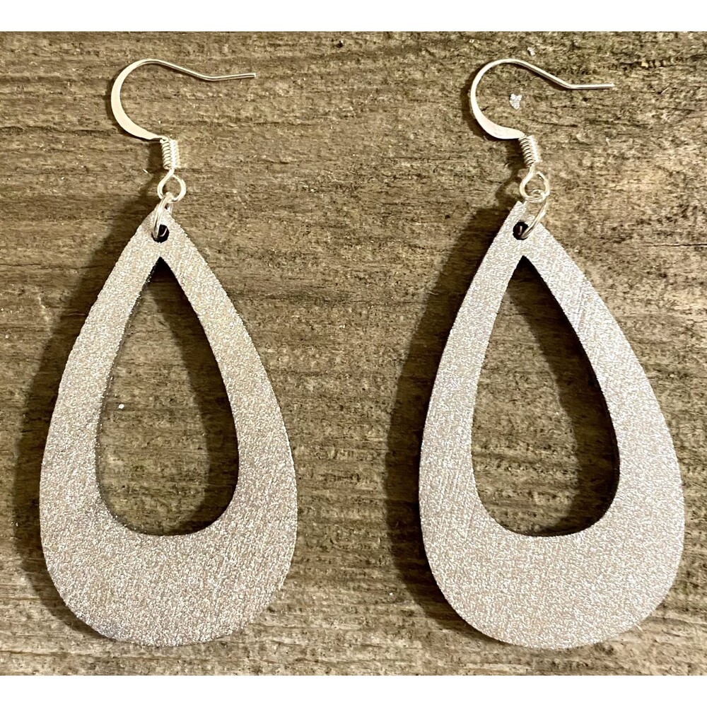 Wood Earrings - 2" x 1.63" - Offset Teardrop - Metallic Silver - E007-06